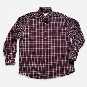 Fairway‎ & Greene Plaid Button Up Shirt Grid Check Men's L 100% Cotton Red Brown